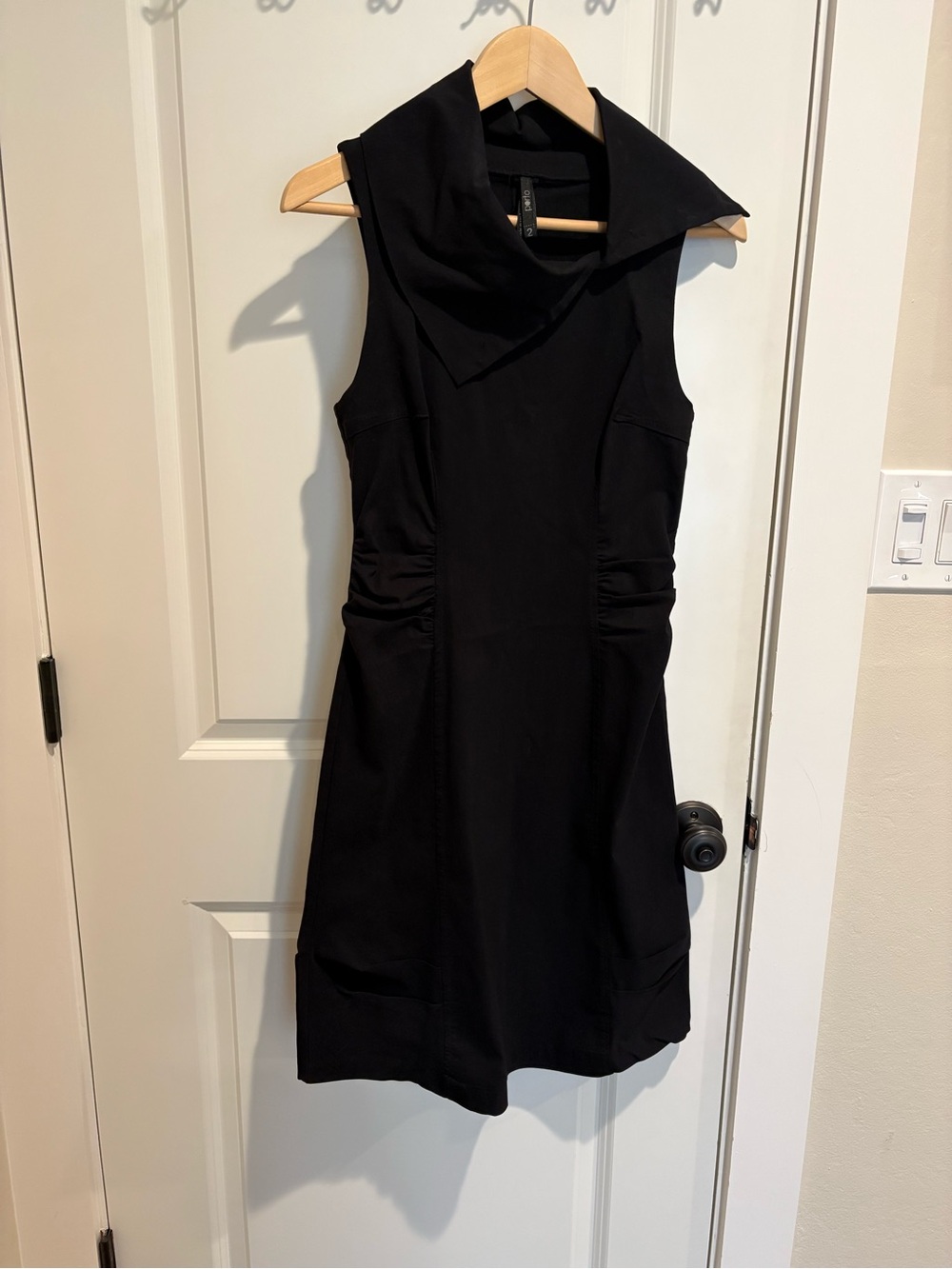 Porto - Black Sleeveless Dress with Draped Collar - size 2